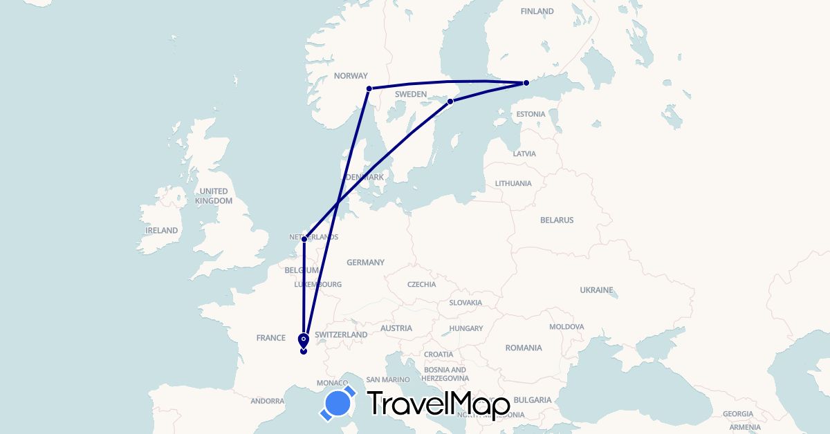 TravelMap itinerary: driving in Finland, France, Netherlands, Norway, Sweden (Europe)